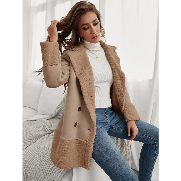 Shearling Teddy Lined Double Breasted pea Coat cream - Picture 5 of 8